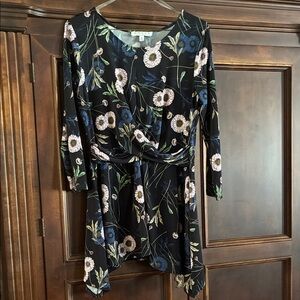 Chaus Black Floral Tunic with Blue and White Accents
